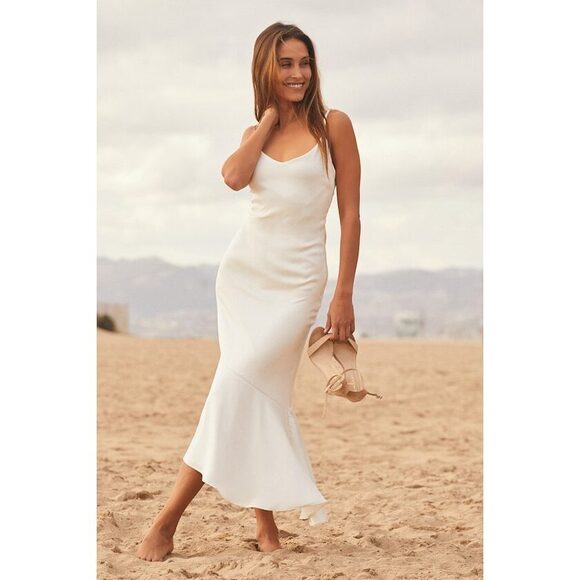 Lulus Dresses & Skirts - Lulus Strictly Romance White Satin Asymmetrical Tiered Midi Dress - Size XS